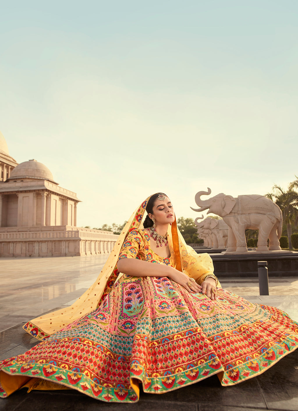 Indian Yellow Art Silk Lehenga With Gorgeous Heavy Embroidery With Print & Swarovski Work For Wedding Engagement, Traditional Functions Wear ClothsVilla