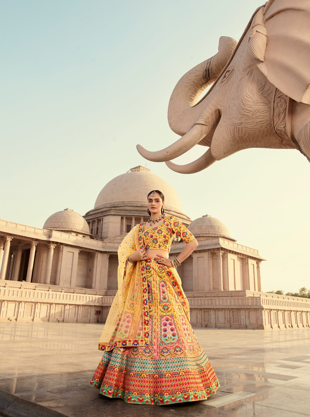Indian Yellow Art Silk Lehenga With Gorgeous Heavy Embroidery With Print & Swarovski Work For Wedding Engagement, Traditional Functions Wear ClothsVilla