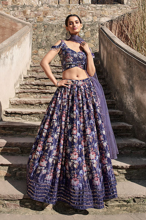 Indian Ethnic Wear Purple Georgette Embroidered with Printed Lehenga Choli ClothsVilla.com Main image