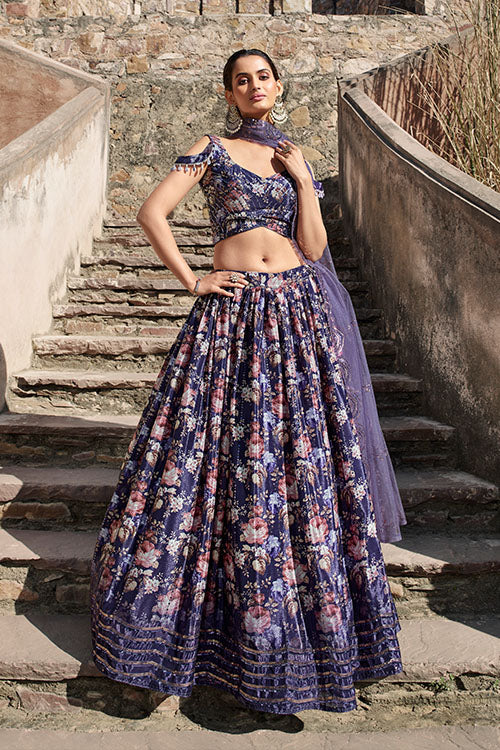 Indian Ethnic Wear Purple Georgette Embroidered with Printed Lehenga Choli ClothsVilla.com