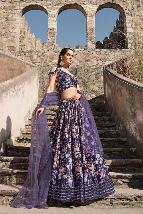 Indian Ethnic Wear Purple Georgette Embroidered with Printed Lehenga Choli ClothsVilla.com