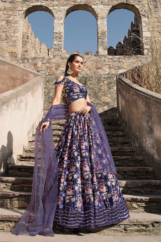 Indian Ethnic Wear Purple Georgette Embroidered with Printed Lehenga Choli ClothsVilla.com