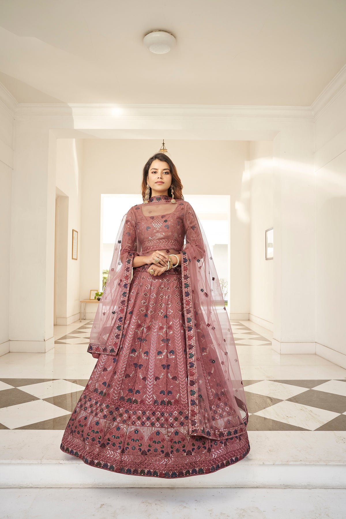 Invaluable Rust Orange Sequins Embroidered Silk Party Wear Lehenga Choli ClothsVilla Main image