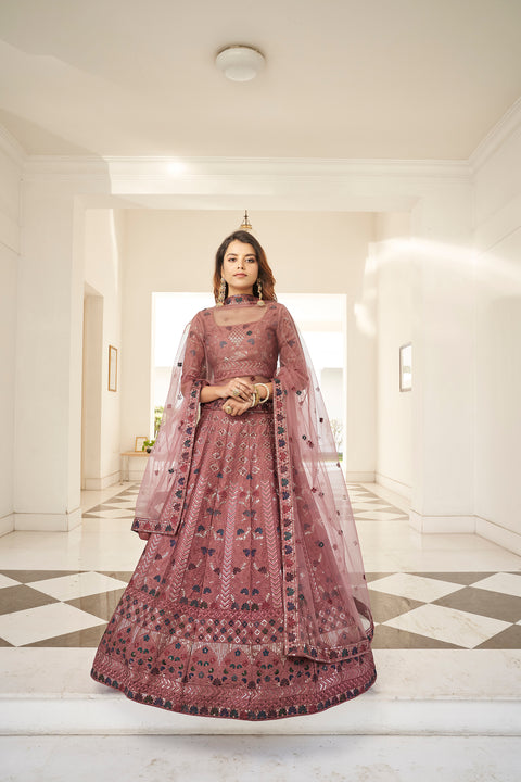 Invaluable Rust Orange Sequins Embroidered Silk Party Wear Lehenga Choli ClothsVilla Main image