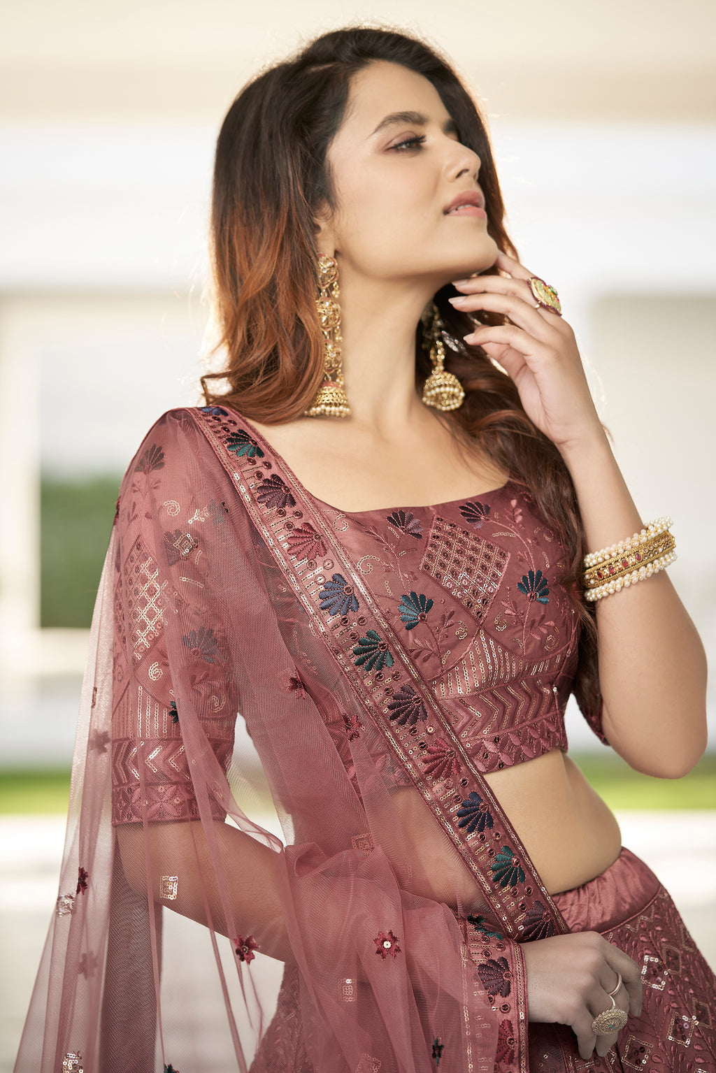 Invaluable Rust Orange Sequins Embroidered Silk Party Wear Lehenga Choli ClothsVilla