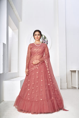 Irresistible Dusty Pink Thread With Sequins Embroidered Net Wedding Lehenga Choli ClothsVilla