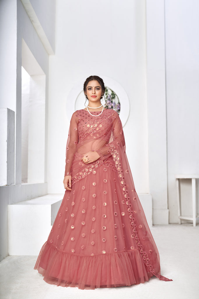 Irresistible Dusty Pink Thread With Sequins Embroidered Net Wedding Lehenga Choli ClothsVilla
