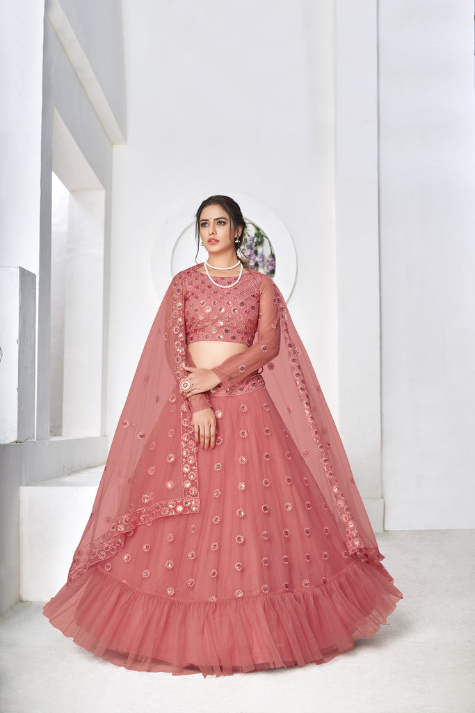 Irresistible Dusty Pink Thread With Sequins Embroidered Net Wedding Lehenga Choli ClothsVilla