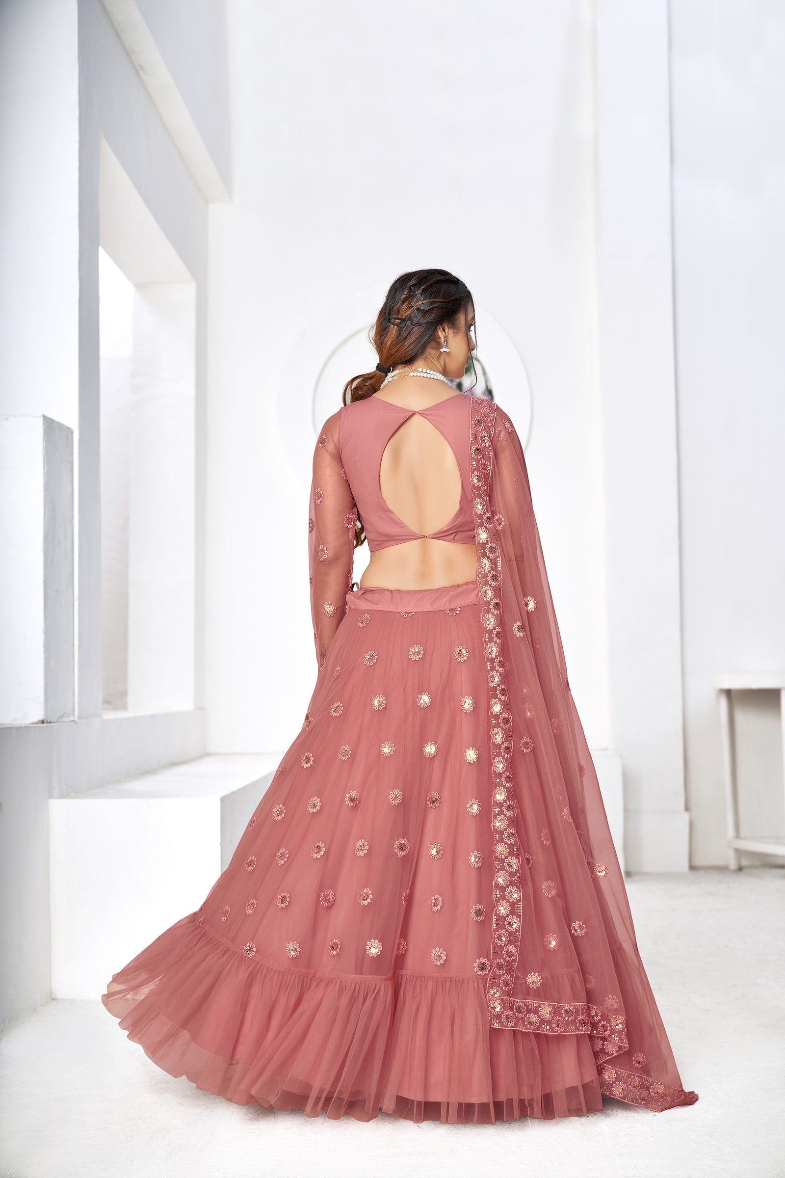 Irresistible Dusty Pink Thread With Sequins Embroidered Net Wedding Lehenga Choli ClothsVilla