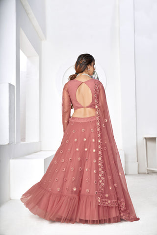 Irresistible Dusty Pink Thread With Sequins Embroidered Net Wedding Lehenga Choli ClothsVilla