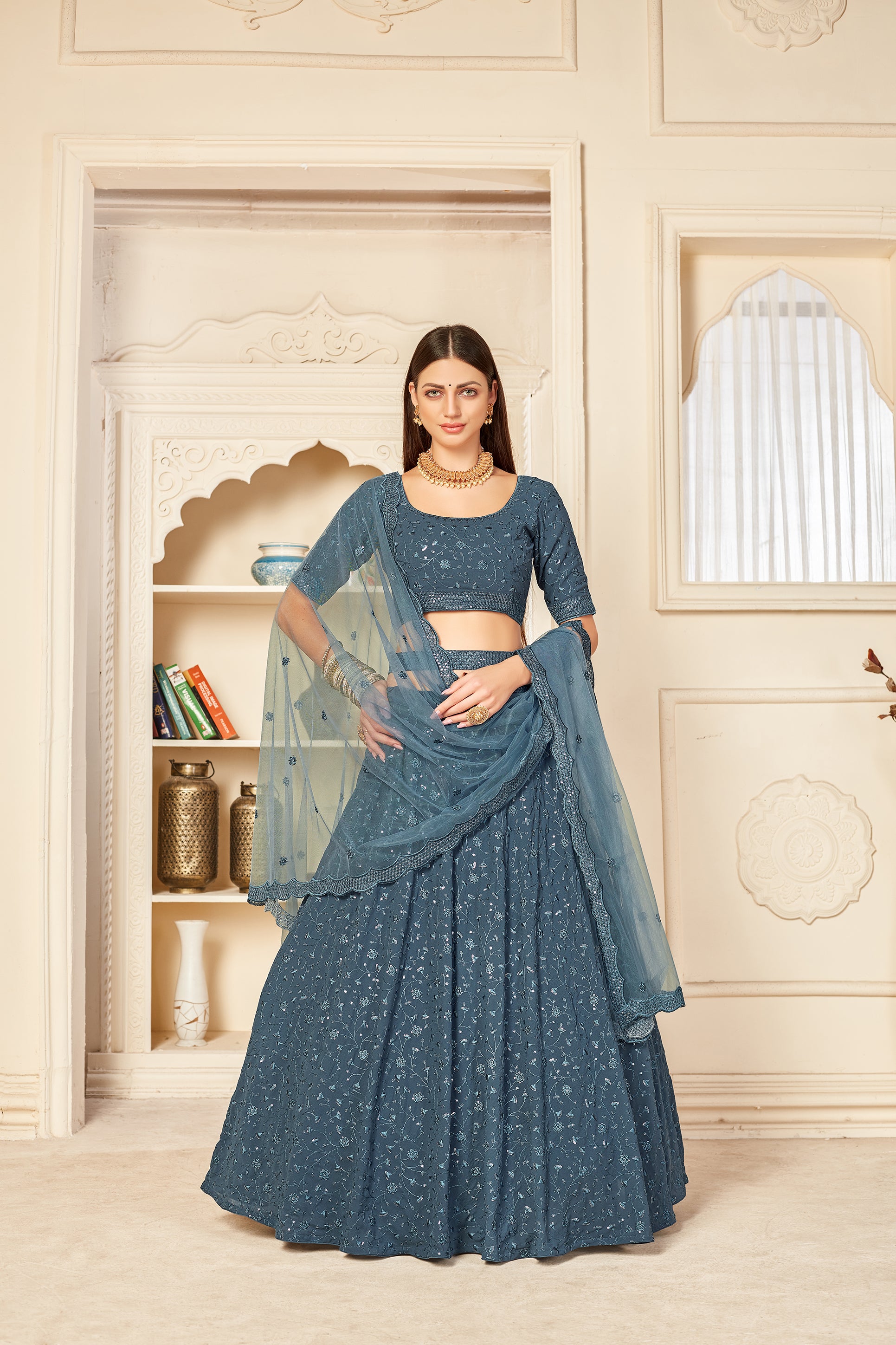 Irresistible Grey Thread And Sequins Embroidered Georgette Semi Stitched Bridal Lehenga ClothsVilla Main image