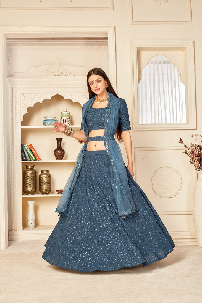 Irresistible Grey Thread And Sequins Embroidered Georgette Semi Stitched Bridal Lehenga ClothsVilla