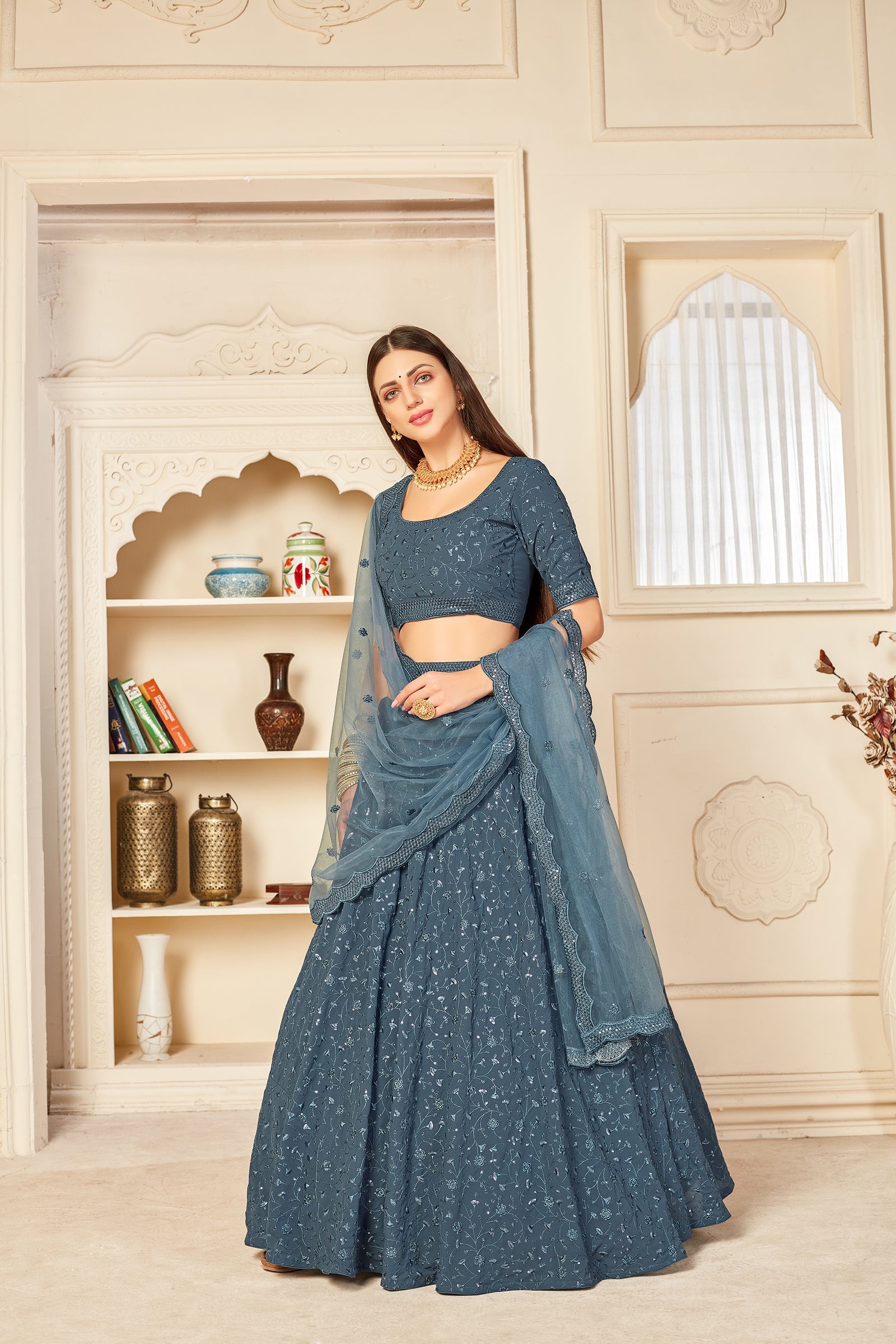 Irresistible Grey Thread And Sequins Embroidered Georgette Semi Stitched Bridal Lehenga ClothsVilla