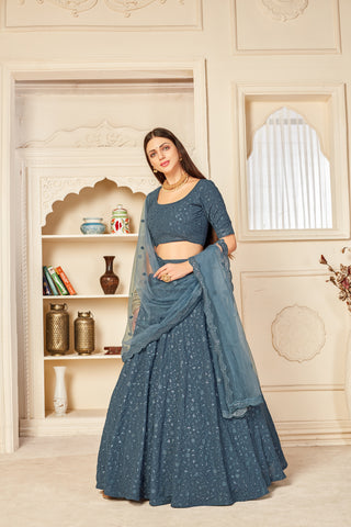 Irresistible Grey Thread And Sequins Embroidered Georgette Semi Stitched Bridal Lehenga ClothsVilla