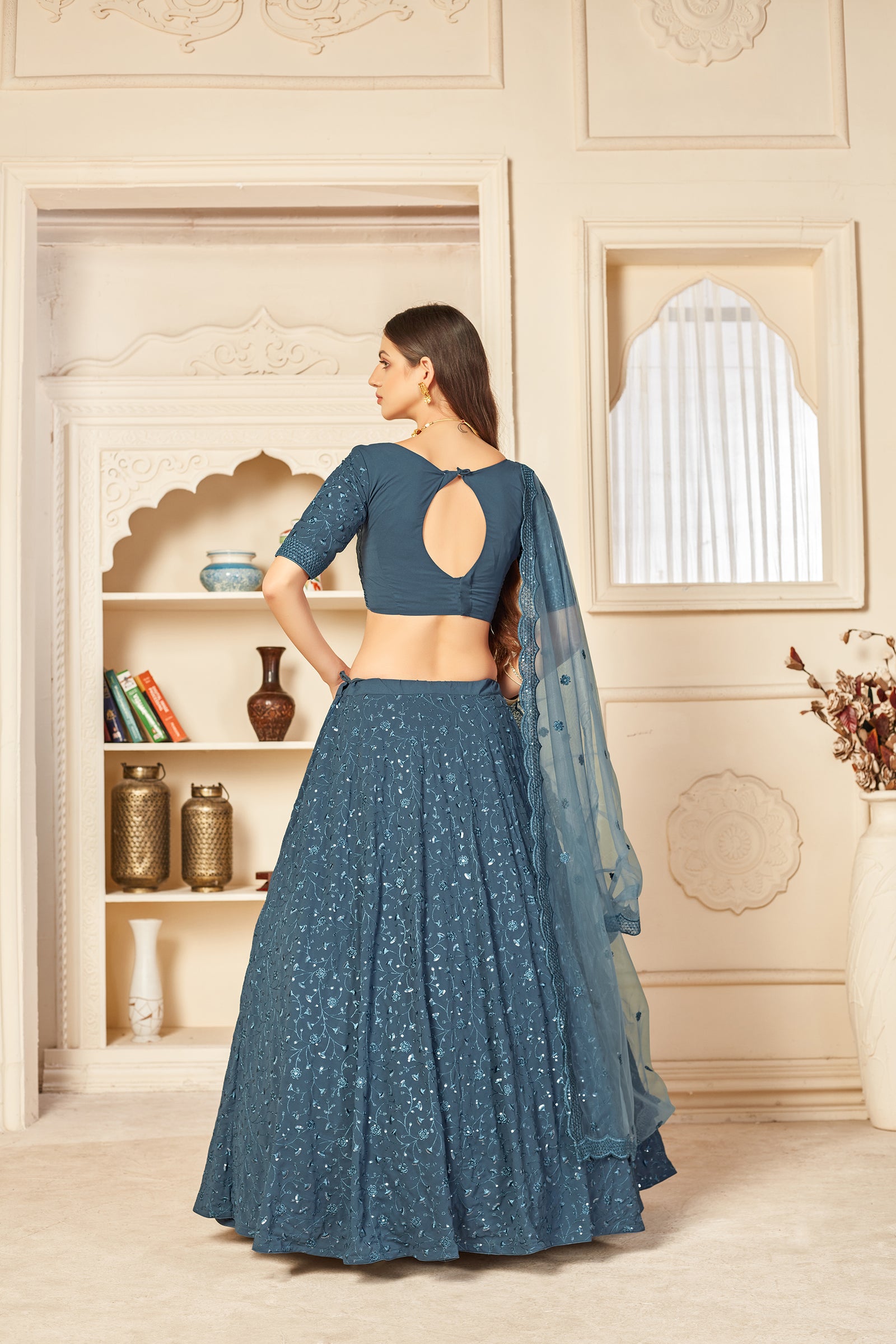 Irresistible Grey Thread And Sequins Embroidered Georgette Semi Stitched Bridal Lehenga ClothsVilla