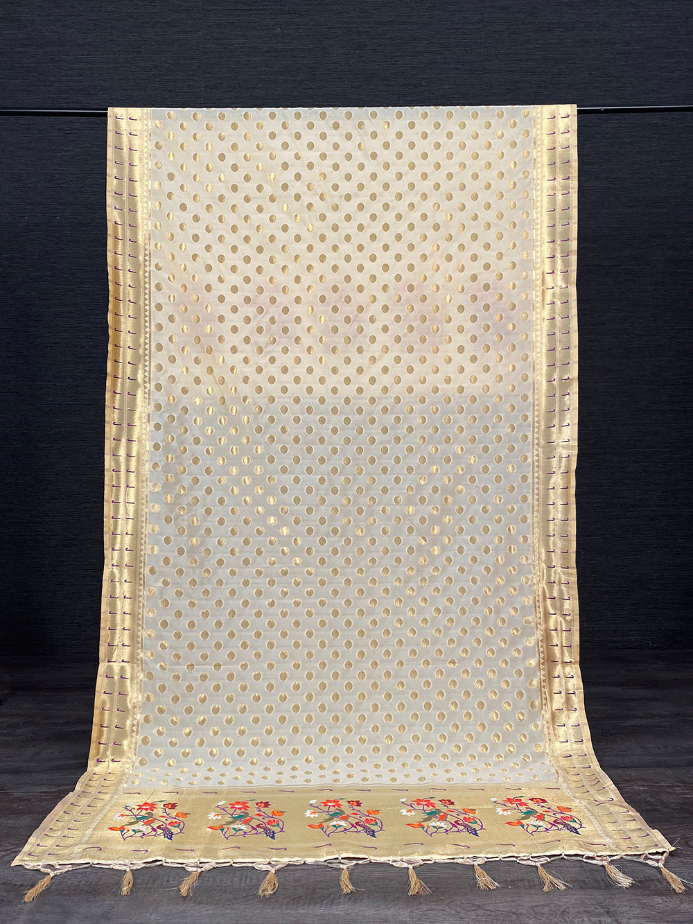 Cream Color Weaving Zari Work Jacquard Paithani Dupatta With Tassels Clothsvilla