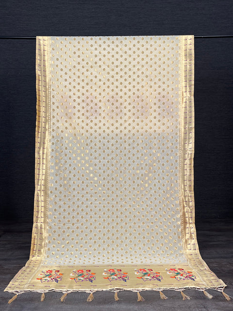 Cream Color Weaving Zari Work Jacquard Paithani Dupatta With Tassels Clothsvilla Main image