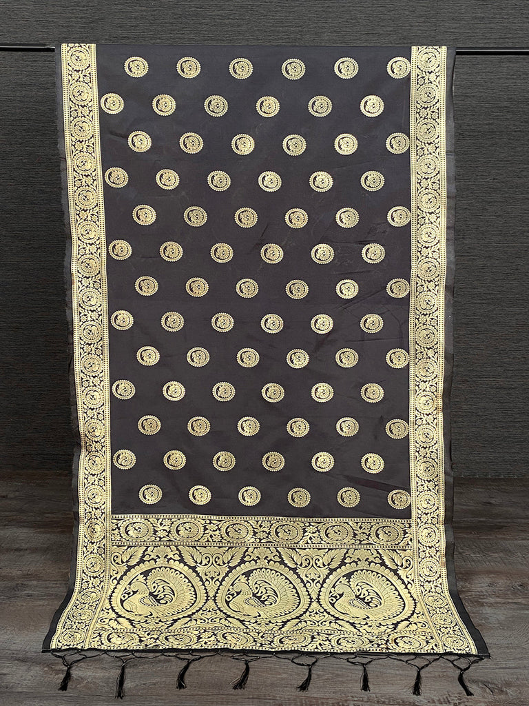 Golden Black Color Weaving Zari Work Jacquard Dupatta With Tassels Clothsvilla