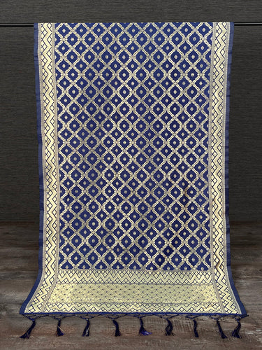 Navy Blue Color Weaving Zari Work Jacquard Dupatta With Tassels Clothsvilla