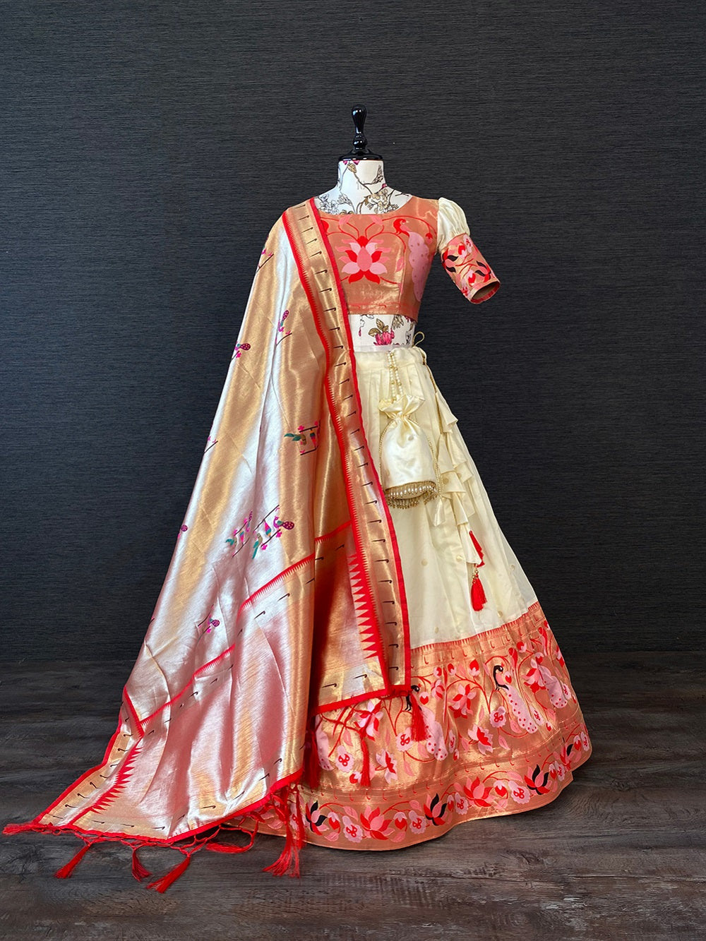 White Color Weaving Zari Work Jacquard Pethani Lehenga Set Clothsvilla