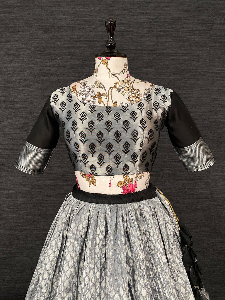 Black Color Weaving Zari Work Jacquard Silk Lehenga Choli With Net Dupatta Clothsvilla