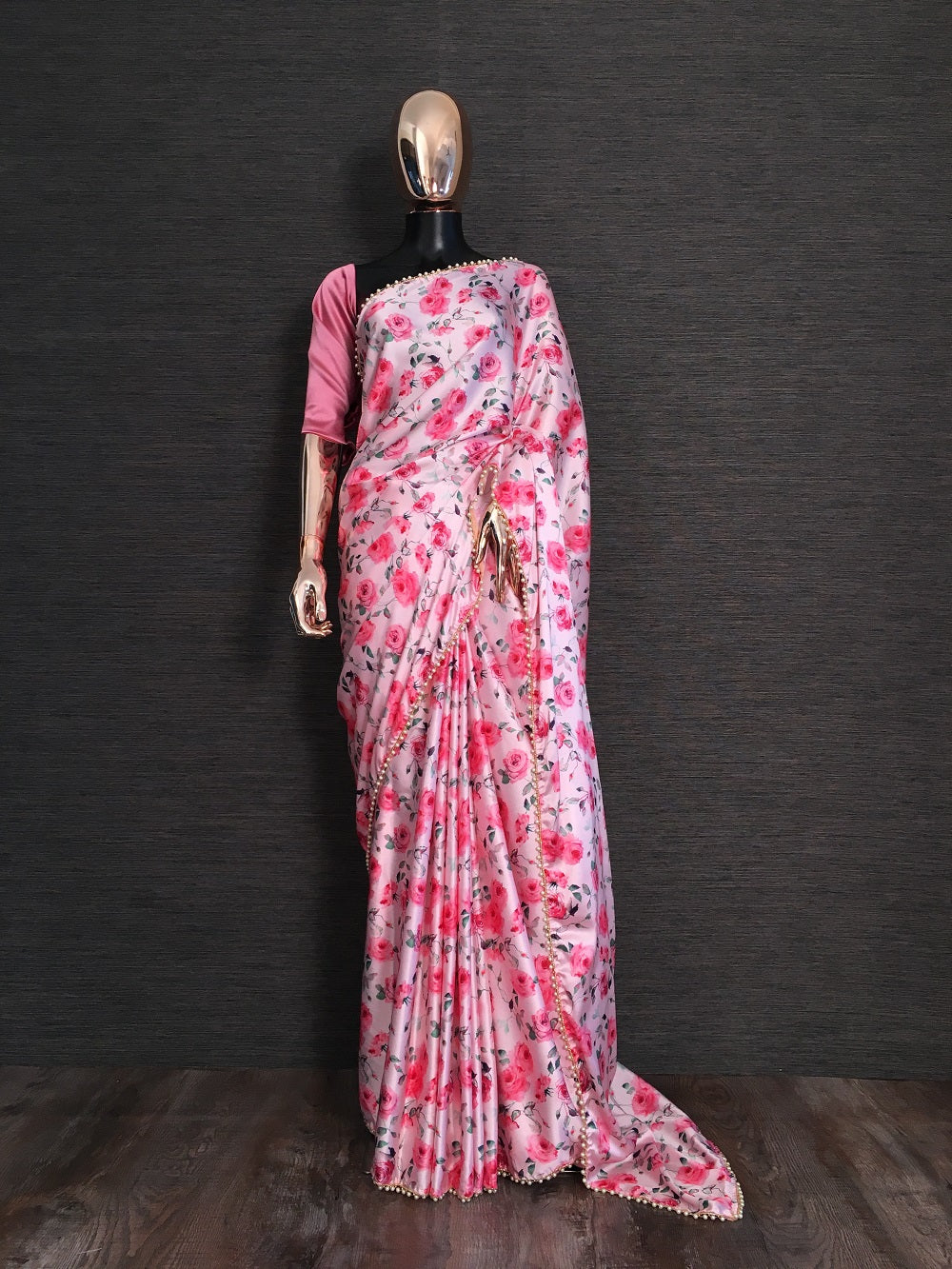 Pink Color Digital Printed Japan Satin Saree With Pearl Lace Border Clothsvilla Main image