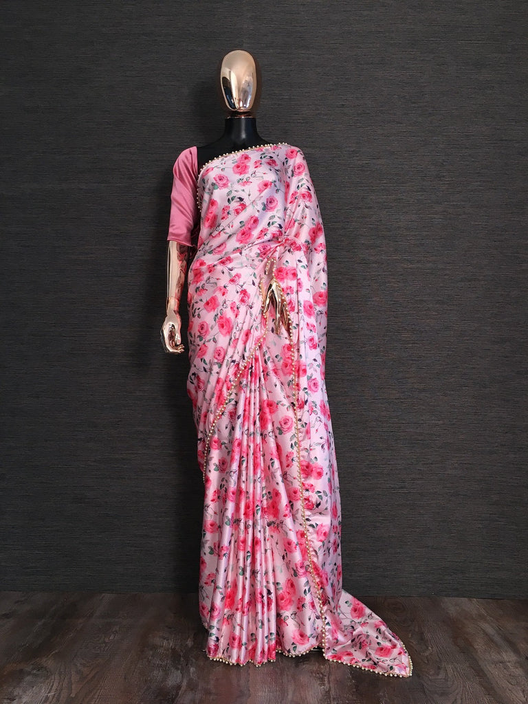 Pink Color Digital Printed Japan Satin Saree With Pearl Lace Border Clothsvilla