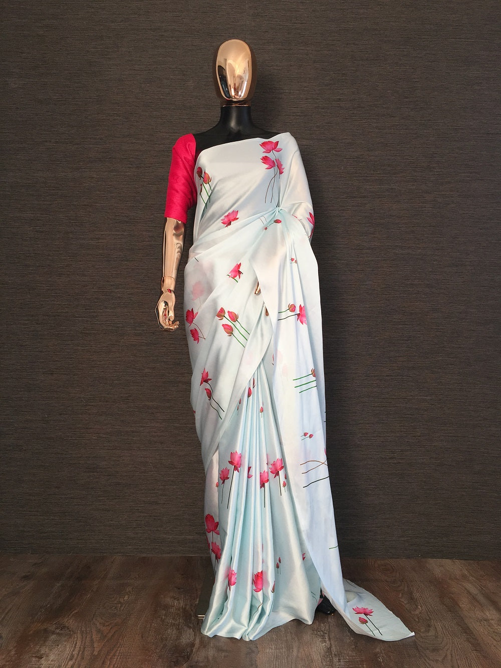 Sky Blue Color Digital Printed Japan Satin Saree Clothsvilla