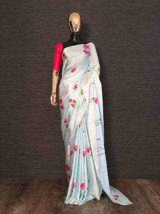 Sky Blue Color Digital Printed Japan Satin Saree Clothsvilla