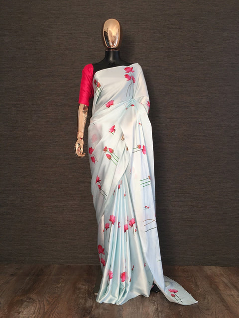 Sky Blue Color Digital Printed Japan Satin Saree Clothsvilla Main image
