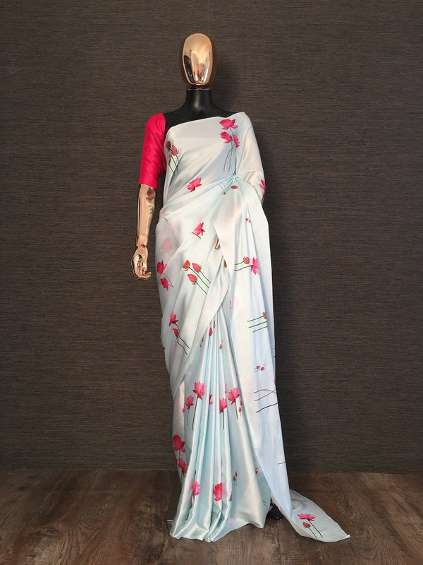 Sky Blue Color Digital Printed Japan Satin Saree Clothsvilla