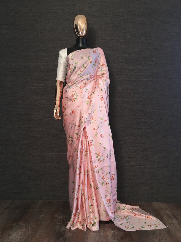 Peach Color Floral Digital Printed Japan Satin Saree Clothsvilla