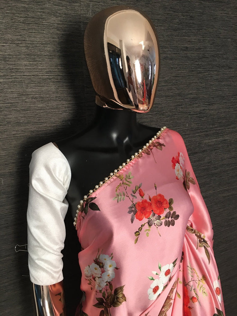 Peach Color Digital Printed Heavy Japan Satin Silk Saree With Pearl Lace Border Clothsvilla