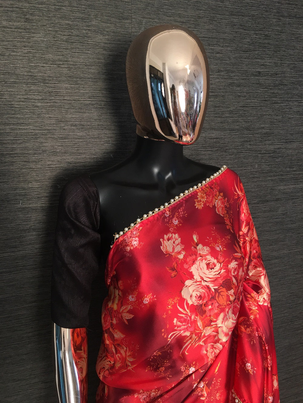 Red Color Digital Print Japan Satin Saree With Pearl Lace Border Clothsvilla