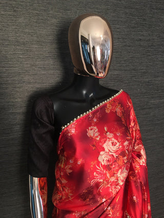 Red Color Digital Print Japan Satin Saree With Pearl Lace Border Clothsvilla
