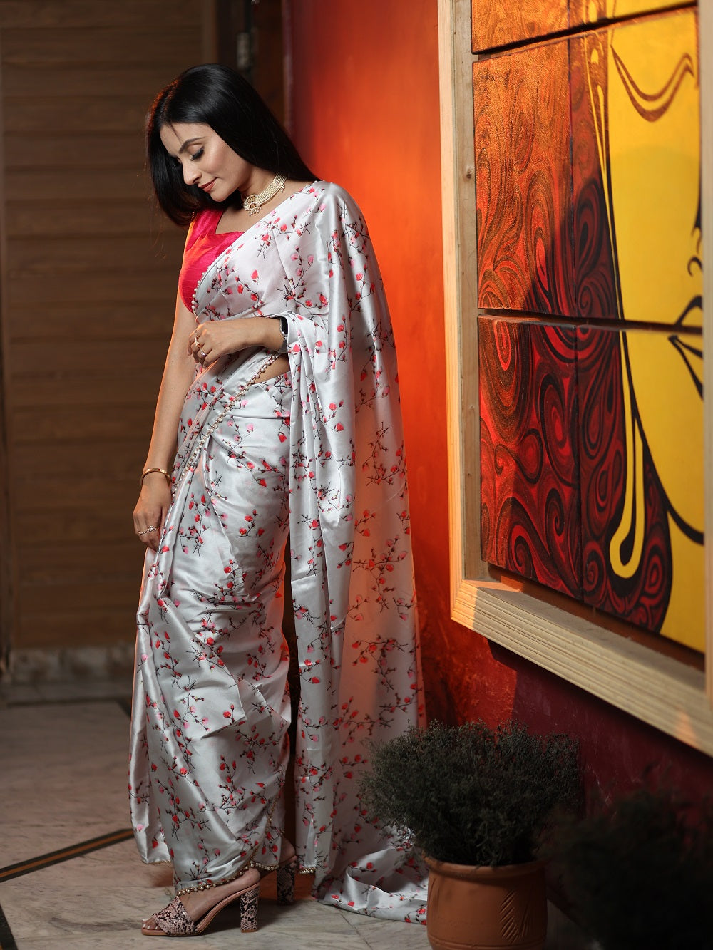 Grey Color Digital Printed Japan Satin Saree With Pearl Lace Border Clothsvilla