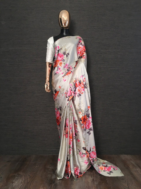 Pista Color Japan Satin Silk Floral Printed Saree Clothsvilla Main image