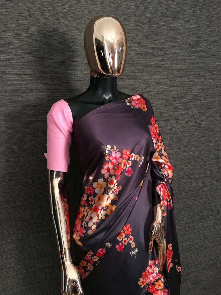 Wine Color Floral Digital Printed Japan Satin Silk Saree Clothsvilla