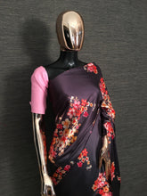 Load image into Gallery viewer, Wine Color Floral Digital Printed Japan Satin Silk Saree Clothsvilla