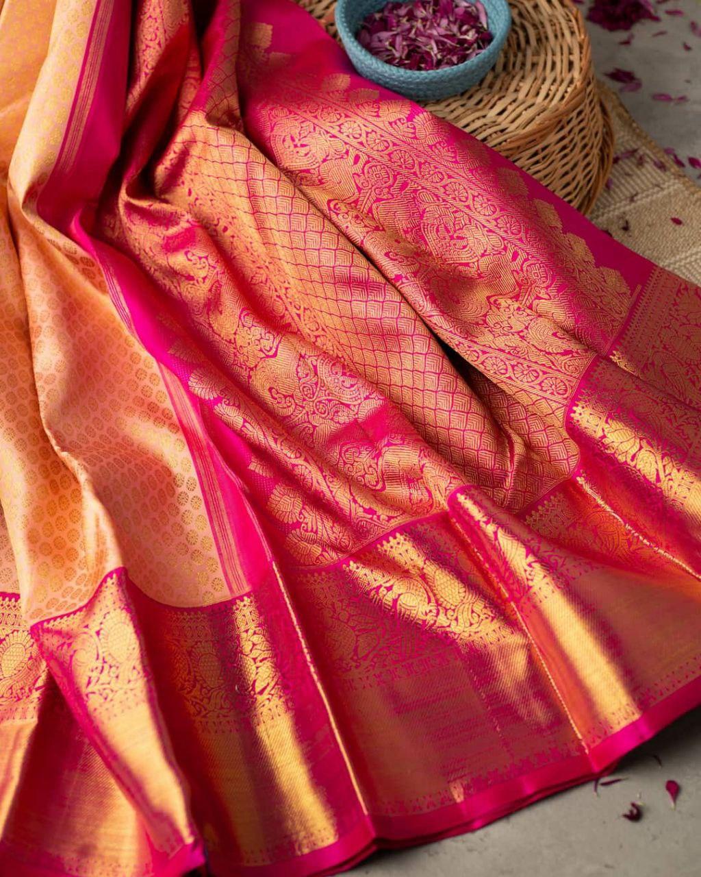 Tremendous Peach Soft Banarasi Silk Saree With Evocative Blouse Piece KP Main image