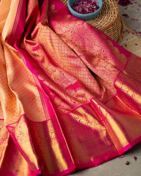 Tremendous Peach Soft Banarasi Silk Saree With Evocative Blouse Piece KP Main image