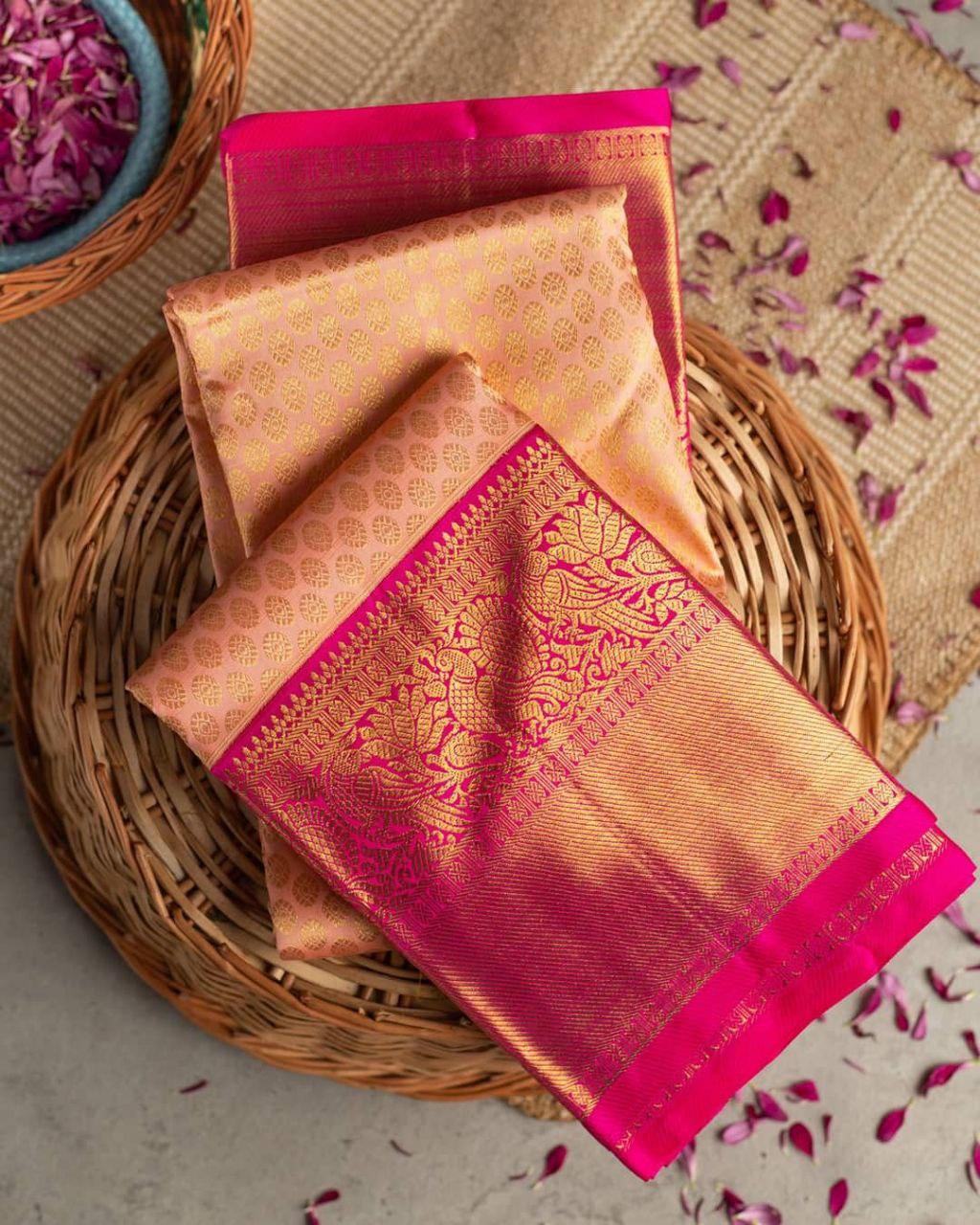 Tremendous Peach Soft Banarasi Silk Saree With Evocative Blouse Piece KP