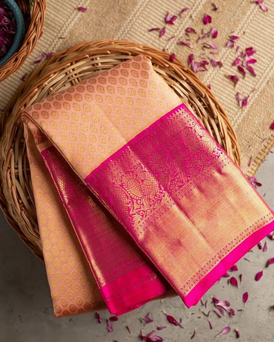 Tremendous Peach Soft Banarasi Silk Saree With Evocative Blouse Piece KP