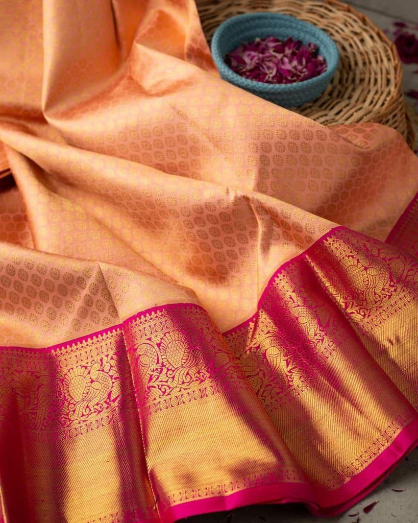 Tremendous Peach Soft Banarasi Silk Saree With Evocative Blouse Piece KP