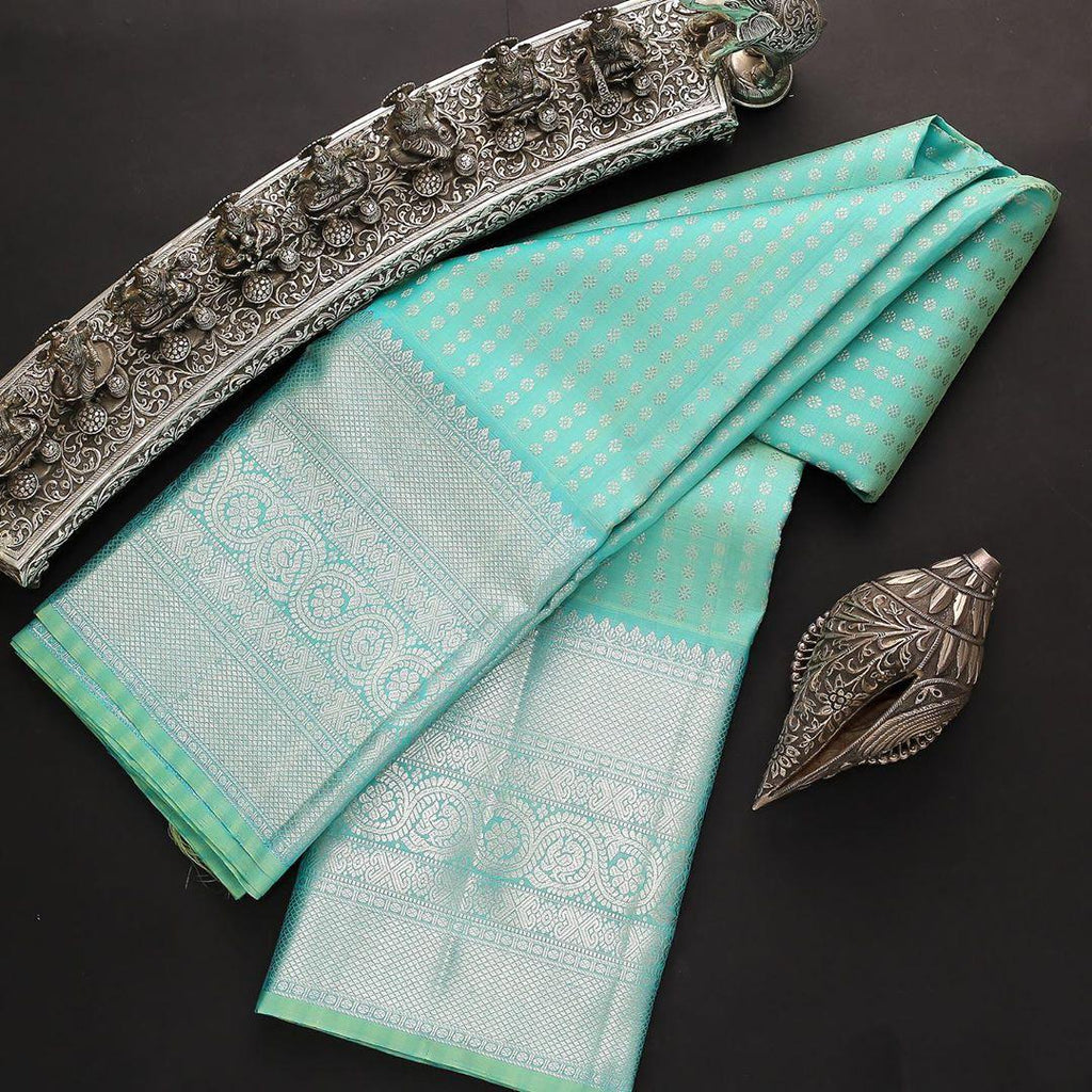 Tempting Firozi Soft Silk Saree With Dalliance Blouse Piece KP