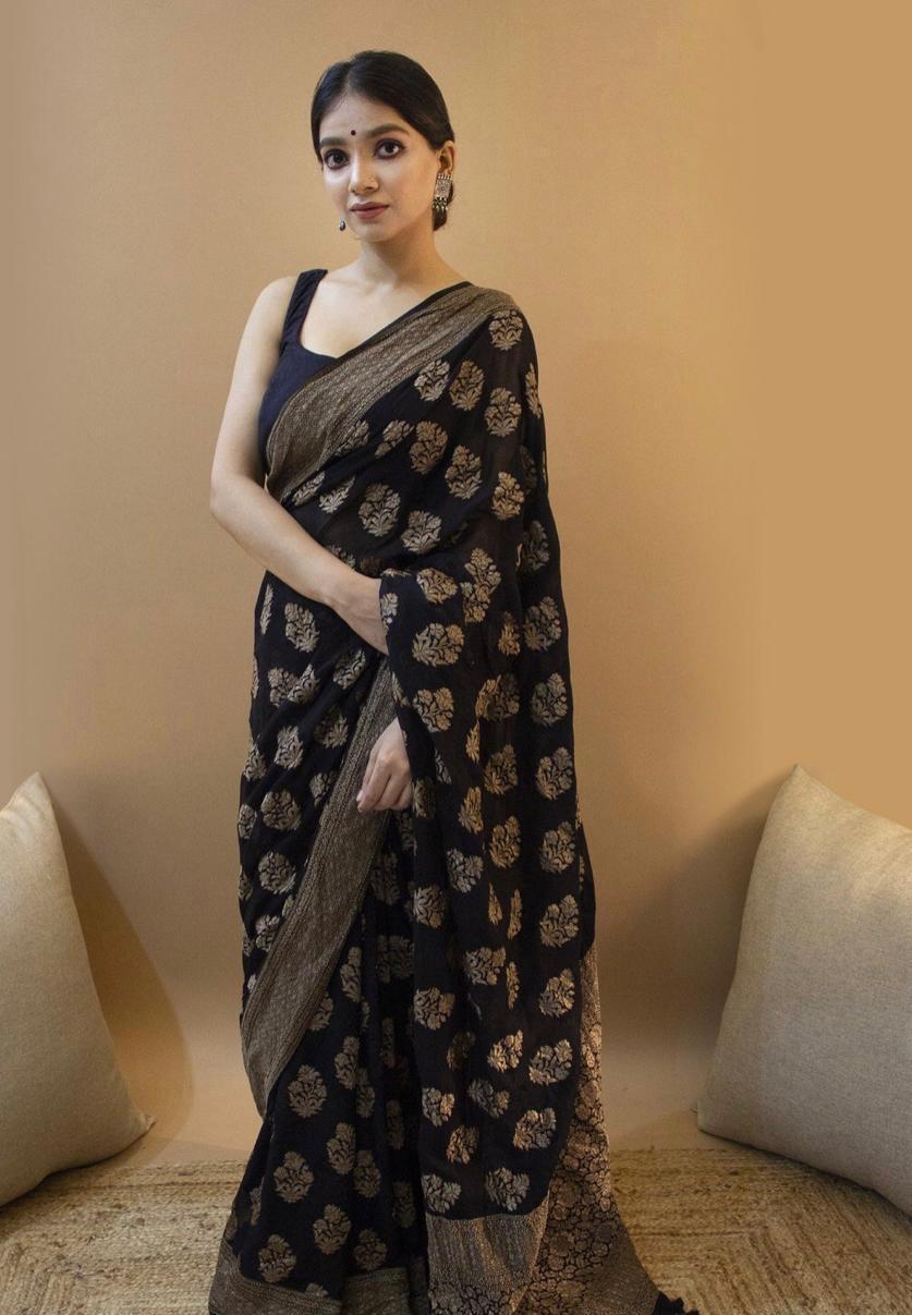 Opulent Black Soft Silk Saree With Snappy Blouse Piece KP Main image