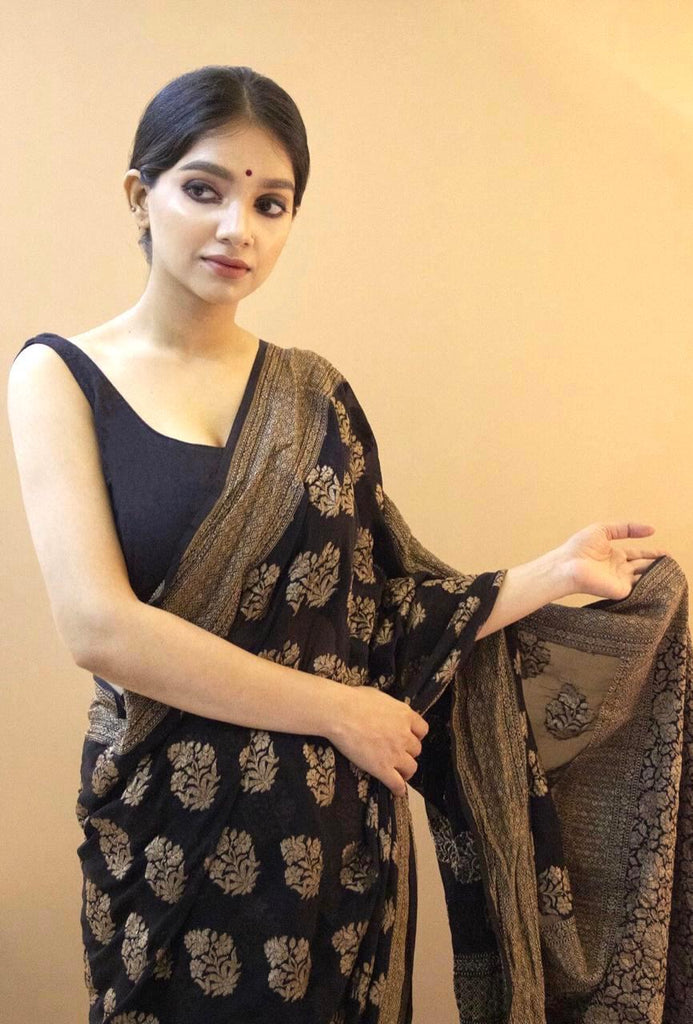 Opulent Black Soft Silk Saree With Snappy Blouse Piece KP