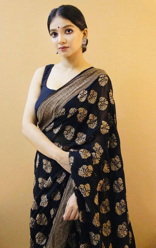 Opulent Black Soft Silk Saree With Snappy Blouse Piece KP