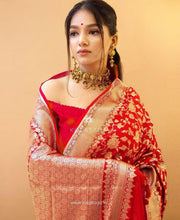 Load image into Gallery viewer, Sizzling Red Soft Banarasi Silk Saree With Impressive Blouse Piece KP