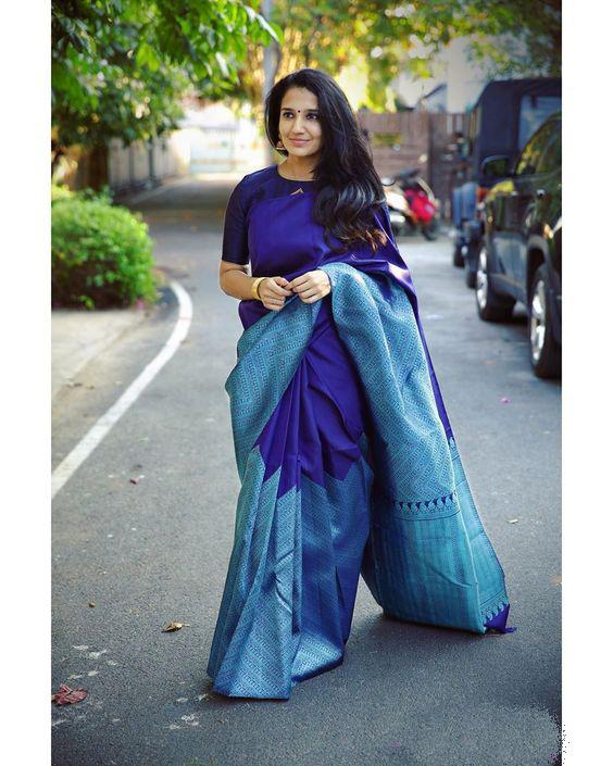 Symmetrical Blue Soft Silk Saree With Dalliance Blouse Piece KP